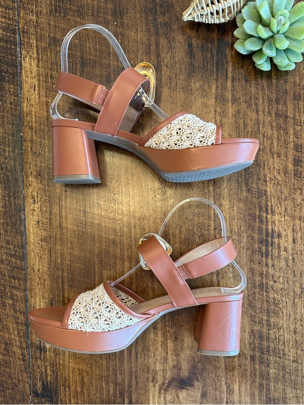 Aerosoles | Chamber Platform Block Heel Sandals | Tan Leather & Crochet, Sz. 9.5